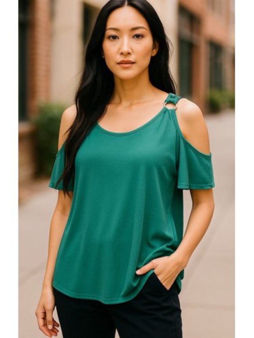 STUDIO 1886 Green Open Shoulder Top Ladies L 12-14